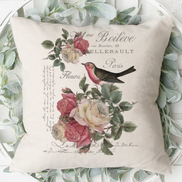 French Country Throw Pillow Cover, Pink Birds - Picture 2 of 3